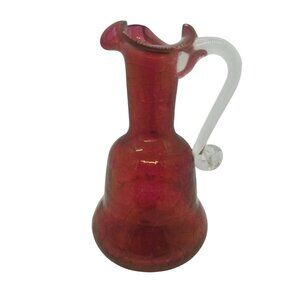 Red Crackle Glass Hand Blown Fluted Edge Vase Pitcher Applied Clear Glass Handle